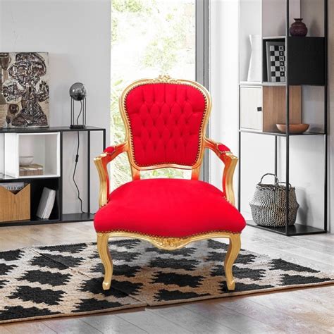 Fauteuil baroque de style Louis XV tissu velours rouge et bois doré