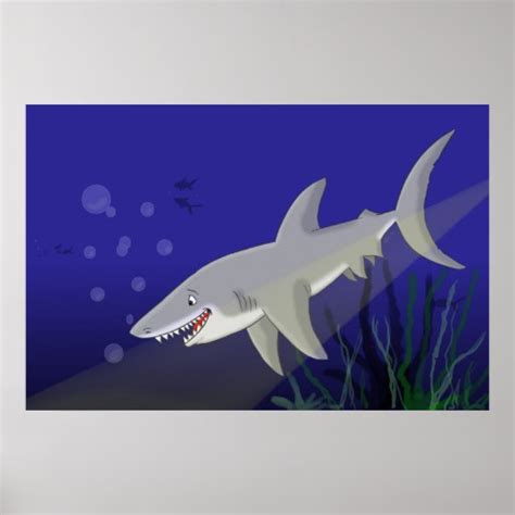 Cartoon Great White Shark Poster Print | Zazzle