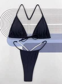 Swim SXY Plain Triangle Thong Summer Beach Bikini Set SHEIN USA
