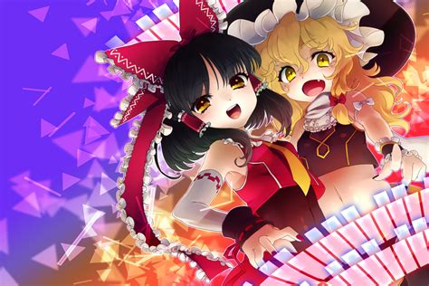 2girls Black Hair Blonde Hair Hakurei Reimu Kirisame Marisa Long Hair Short Hair Touhou Witch