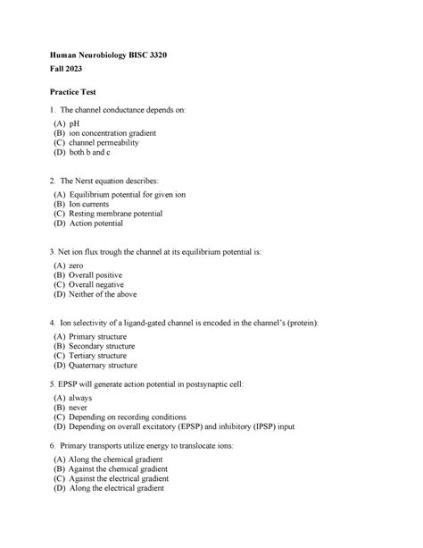 Bisc3320 Practice Test Midterm Human Neurobiology BISC 3320 Fall 2023