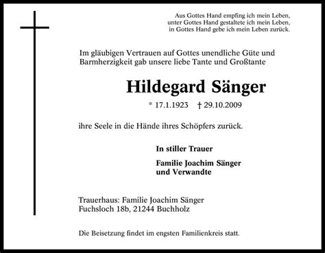 Traueranzeigen Von Hildegard S Nger Trauer In Nrw De