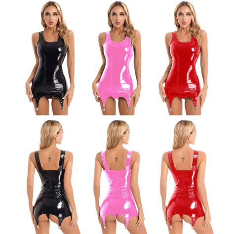 Uk Womens Latex Mini Dress Wet Look Patent Leather Bodycon Dress With