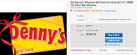 eBay Denny's Gift Card Promotion: $25 GC for $21.75