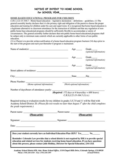 Intent To Homeschool Academy District 20 Fill Out And Sign Printable