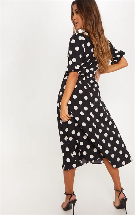 Black Polka Dot Skater Midi Dress Dresses Prettylittlething