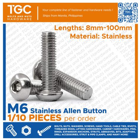 TGC 10PCS SS Allen Button M6 X 8 100 Stainless Dome Head Button