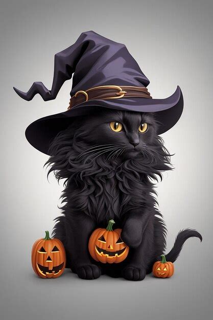 Lindo Gato Negro De Halloween Con Sombrero Y Fondo Blanco Foto Premium