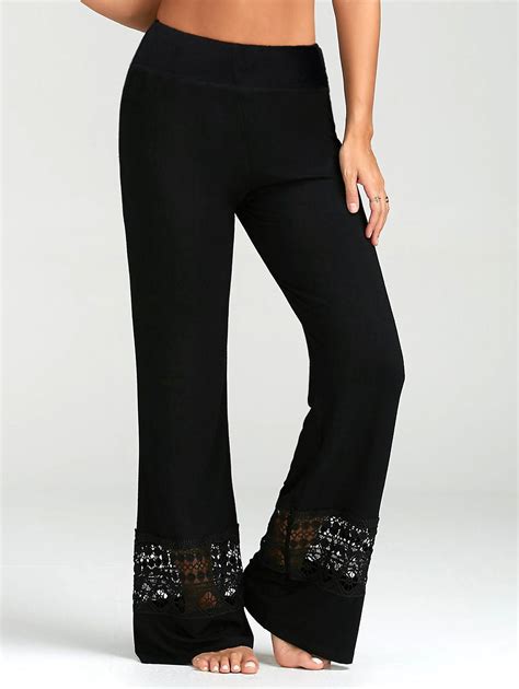 High Waisted Lace Insert Palazzo Pants Black L In Pants Online