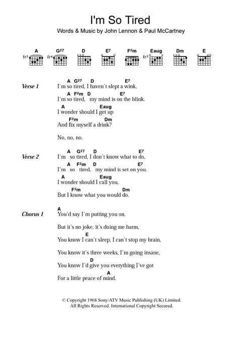 Im So Tired Sheet Music The Beatles Guitar Chords Lyrics