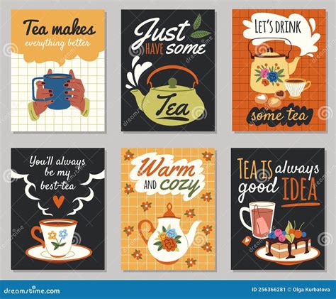 Tea Time Menu Cards Cute Breakfast Posters With Funny Hand Drawn Text