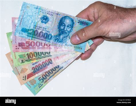 Hand Holding Five Different Dong Notes Vietnamese Currency Stock Photo