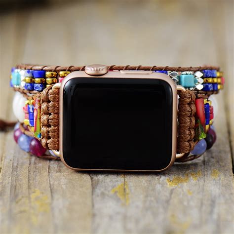 Boho Chic Semiprecious Stone Smart Watch Strap Beads 3x Wrap Vegan Rope Wristwatch Band Healing