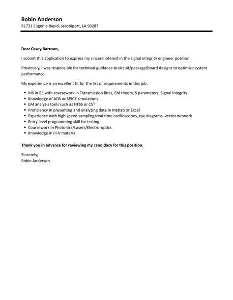 Signal Integrity Engineer Cover Letter Velvet Jobs