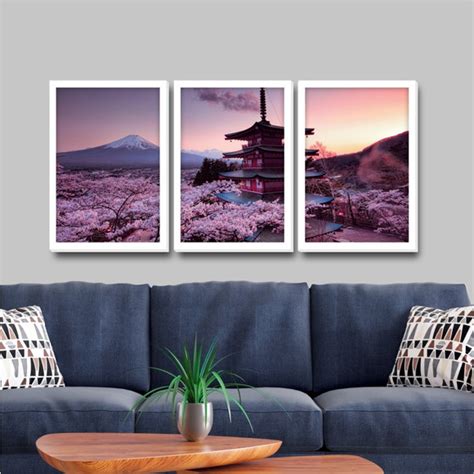 Quadro Monte Fuji Colorido M 3 Peças Moldura Branca Elo7