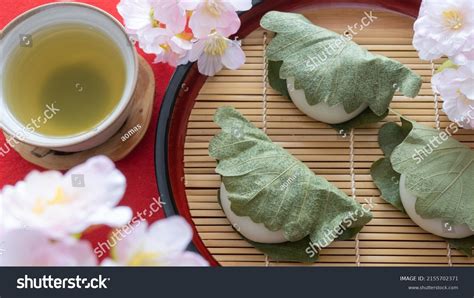 Japanese Sweets Green Tea Kashiwa Mochi Stock Photo 2155702371