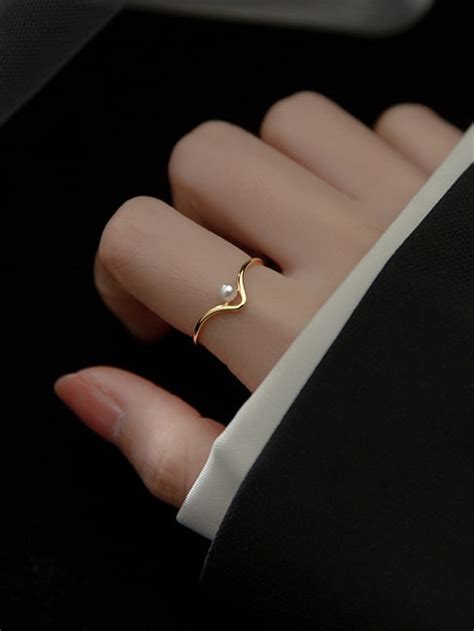 Sterling Silver Imitation Pearl Irregular Minimalist Band Ring