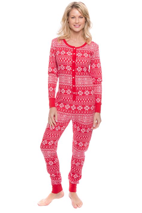 Womens Waffle Knit Thermal Onesie Pajama Fair Isle Redwhite