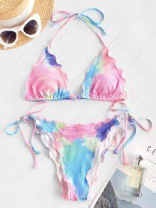 Zaful Tie Dye Lettuce Trim Ribbed Convertible Bikini Swimwear In Multi