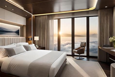 Premium Photo | A hotel room with a bed and a view of the ocean.