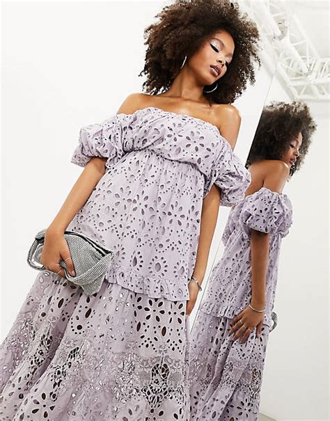 Asos Edition Blouson Off Shoulder Tiered Eyelet Midi Dress In Lilac Asos