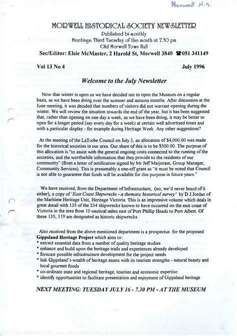 Newsletter July 1996 Morwell Historical Society