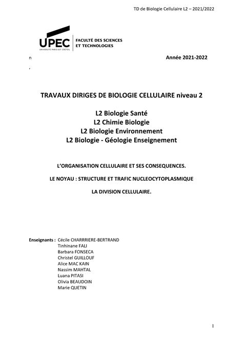 Poly 1 TD Biologie Cellulaire L2 2021 2022 Partie 1 1 n Année 2021