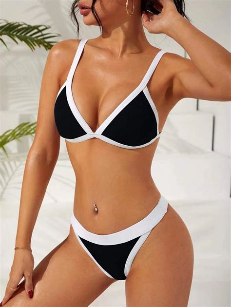 Shein Swim Sprty Contrast Binding Triangle Thong Bikini Swimsuit Shein Uk