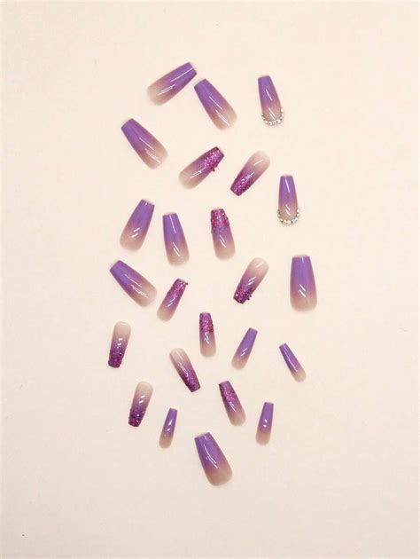 Transform Your Nails With 24pcs Long Coffin Purple Ombre Glitter 3d Rhinestone Decor Fake Nail