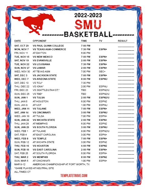 Printable 2022-2023 SMU Mustangs Basketball Schedule