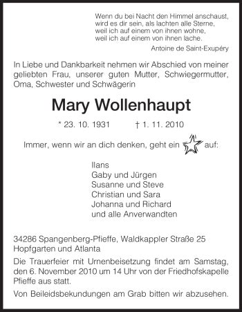 Traueranzeigen Von Mary Wollenhaupt Trauer Hna De