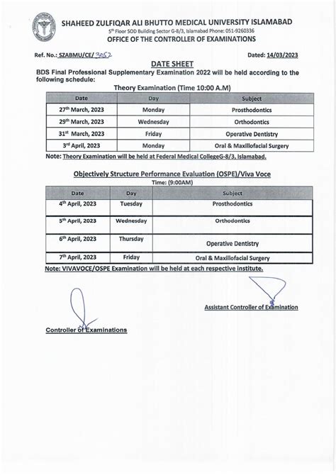 Date Sheet Bds Final Professional Supplementary Examination