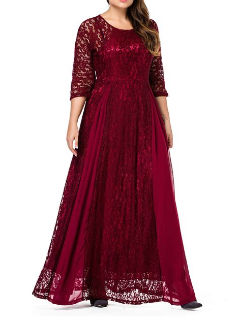 ESPRLIA Women S Plus Size Floral Lace 3 4 Sleeve Wedding Maxi Dress