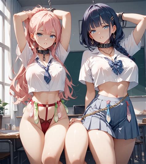 2 girls、HIGH SCHOOL GIRLS、condom belt、Hang lots of used condoms - SeaArt AI