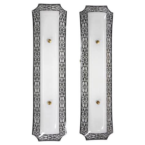 Pair of 1950s French Vanity Bathroom Sconces w/ White Glass and Black ...