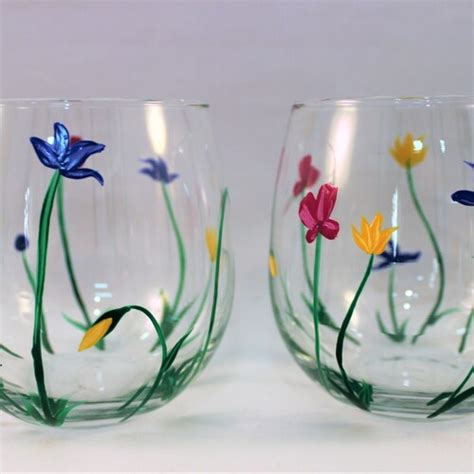 Wild Flowers Hand Painted Stemless Wine Glasses Painted Wild Etsy