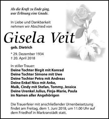 Traueranzeigen Von Gisela Veit Trauer Anzeigen De