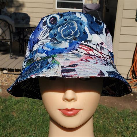 Ladies Blue Flowers And Butterflies Bling Bucket Hat Etsy Butterfly