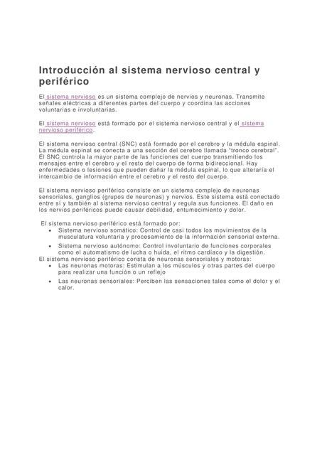 Introducción al sistema nervioso central y periférico Enfermería