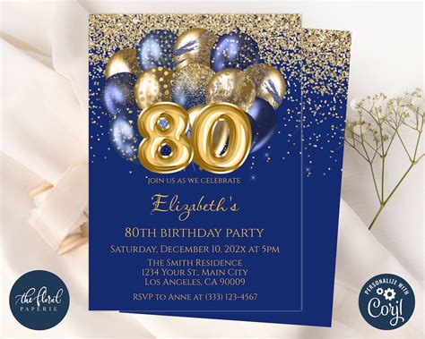 80th Birthday Invitation Template Navy Blue And Gold Birthday