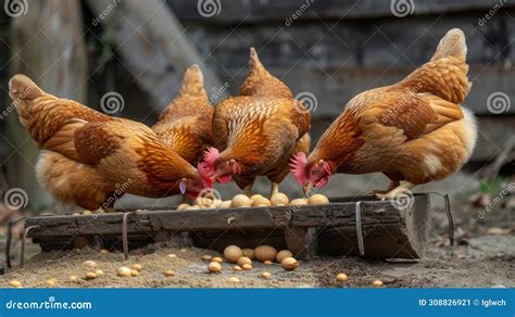 A Group Of Orpington Chickens Pecks Grains Near A Wooden Structure