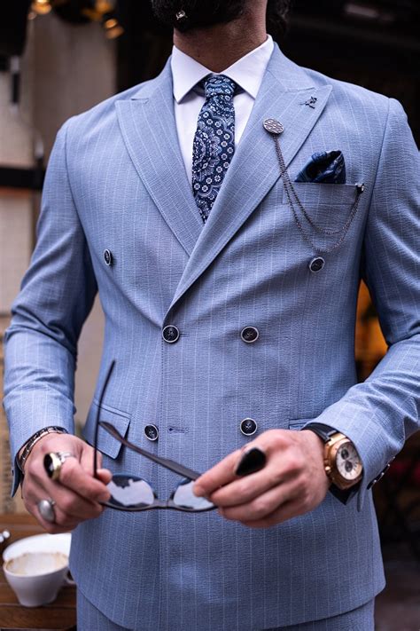 Sky Blue Slim Fit Piece Pinstripe Double Breasted Suit