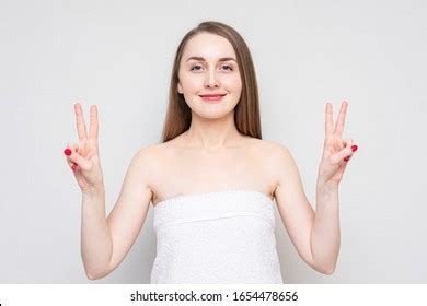 Naked Girl Towel Shows Gesture Peace Stock Photo 1654478656 Shutterstock