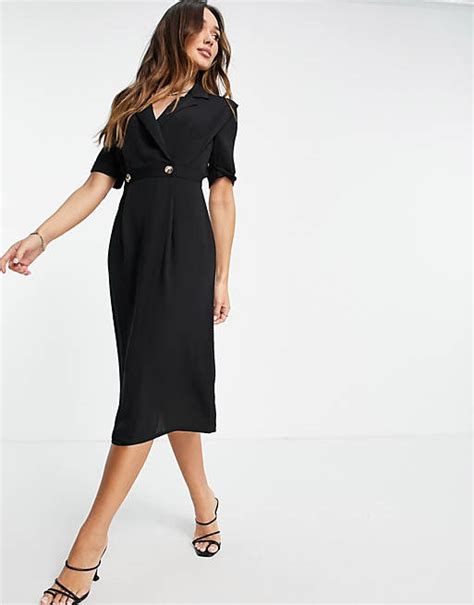 Asos Design Wrap Tux Midi Dress With Shoulder Pads In Black Asos