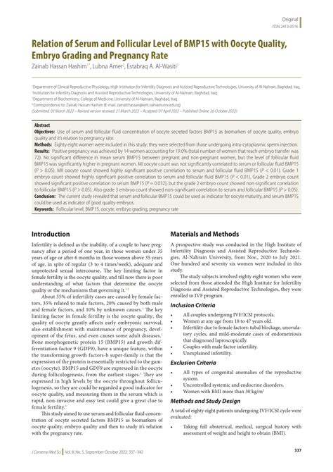 PDF Relation Of Serum And Follicular Level Of BMP15 With Oocyte