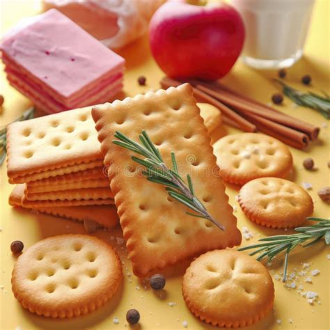 Tasty Crispy Crackers On A Yellow Background Ai Generative Stock Image