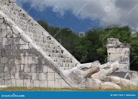 Feathered Serpent At Pyramid Kukulkan In Chichen Itza Stock Photo