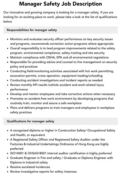 Manager Safety Job Description Velvet Jobs