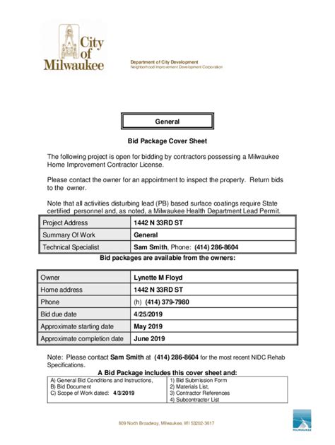 Fillable Online City Milwaukee General Bid Package Cover Sheet City Of Milwaukee Fax Email