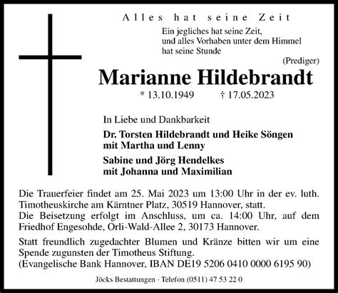 Traueranzeigen Von Marianne Hildebrandt Trauer Anzeigen De